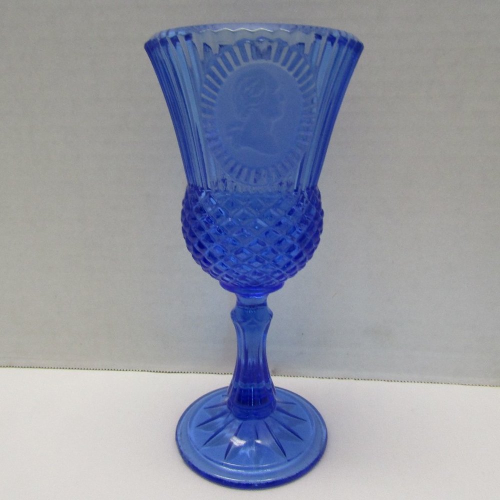 Vintage Collectible Cobalt Blue Glass Goblet with George Washington Emblem 8" in